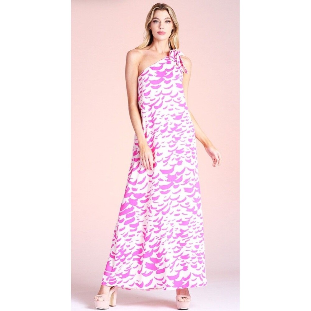 One Shoulder Pink Feather Print Slip Dress Side Slit Beach Summer Casual Medium